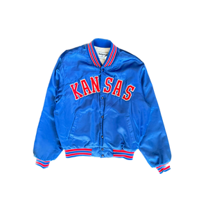 WESTSIDE STOREY VINTAGE | VINTAGE 90'S CLEAN KANSAS UNIVERSITY SATIN BOMBER JACKET - BLUE - Westside Storey
