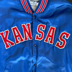 WESTSIDE STOREY VINTAGE | VINTAGE 90'S CLEAN KANSAS UNIVERSITY SATIN BOMBER JACKET - BLUE - Westside Storey