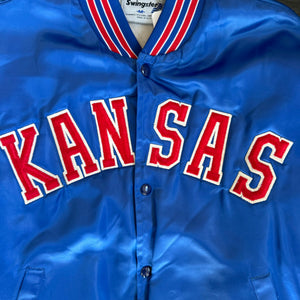 WESTSIDE STOREY VINTAGE | VINTAGE 90'S CLEAN KANSAS UNIVERSITY SATIN BOMBER JACKET - BLUE - Westside Storey