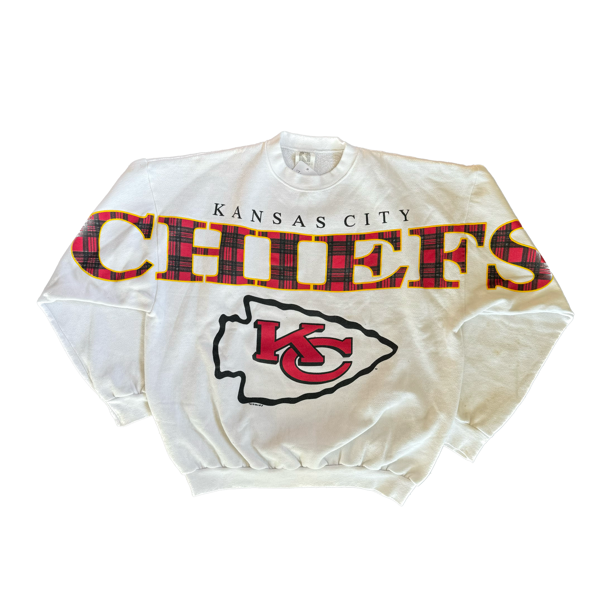 WESTSIDE STOREY VINTAGE | VINTAGE 90'S KC CHIEFS CLIFF ENGLE SPELLOUT SWEATSHIRT - WHITE - Westside Storey