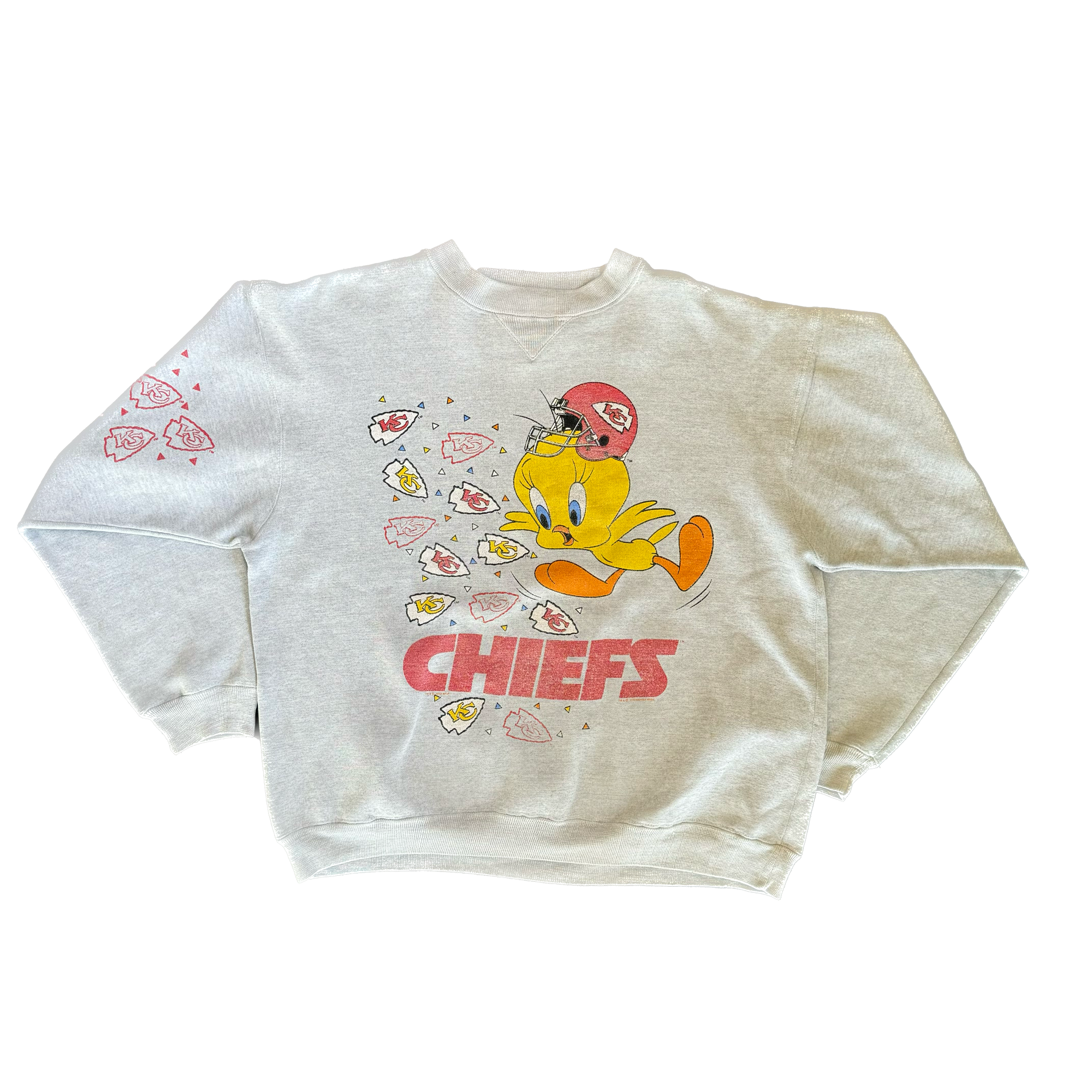 WESTSIDE STOREY VINTAGE | VINTAGE 90'S KC CHIEFS TWEETY BIRD SWEATSHIRT *MARK ON SLEEVE - GRAY - Westside Storey