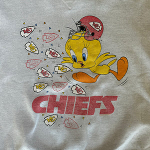 WESTSIDE STOREY VINTAGE | VINTAGE 90'S KC CHIEFS TWEETY BIRD SWEATSHIRT *MARK ON SLEEVE - GRAY - Westside Storey