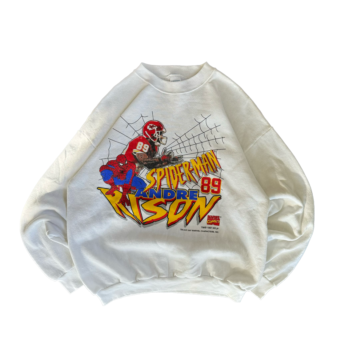 WESTSIDE STOREY VINTAGE | VINTAGE 90'S KC CHIEFS SPIDERMAN ANDRE RISON MARVEL SWEATSHIRT - WHITE