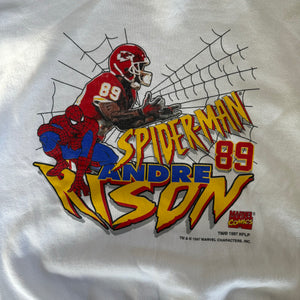 WESTSIDE STOREY VINTAGE | VINTAGE 90'S KC CHIEFS SPIDERMAN ANDRE RISON MARVEL SWEATSHIRT - WHITE - Westside Storey
