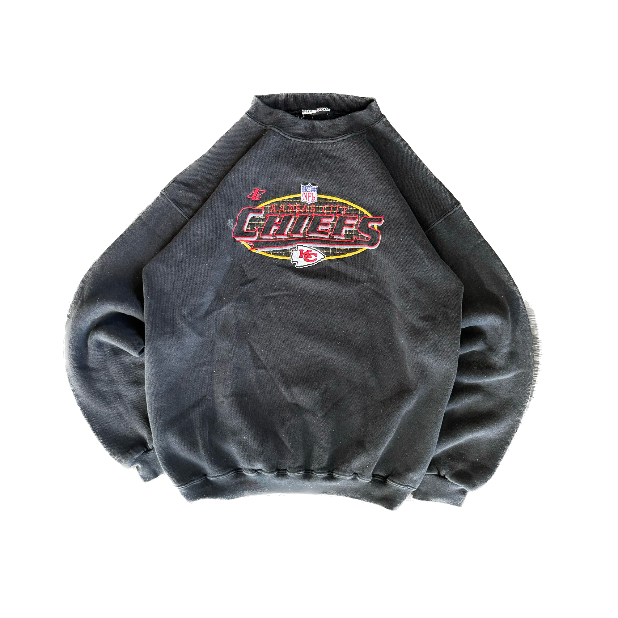 WESTSIDE STOREY VINTAGE | VINTAGE 90'S KC CHIEFS LOGO 7 EMBROIDERED SWEATSHIRT - BLACK *LIGHT MARK - Westside Storey