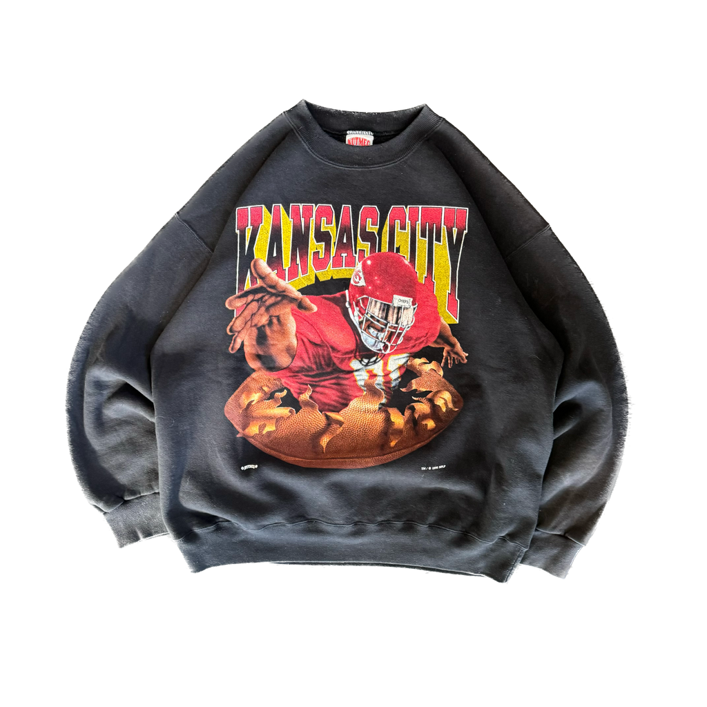 WESTSIDE STOREY VINTAGE | VINTAGE 90'S KC CHIEFS NUTMEG DOUBLE SIDED SWEATSHIRT - BLACK - Westside Storey