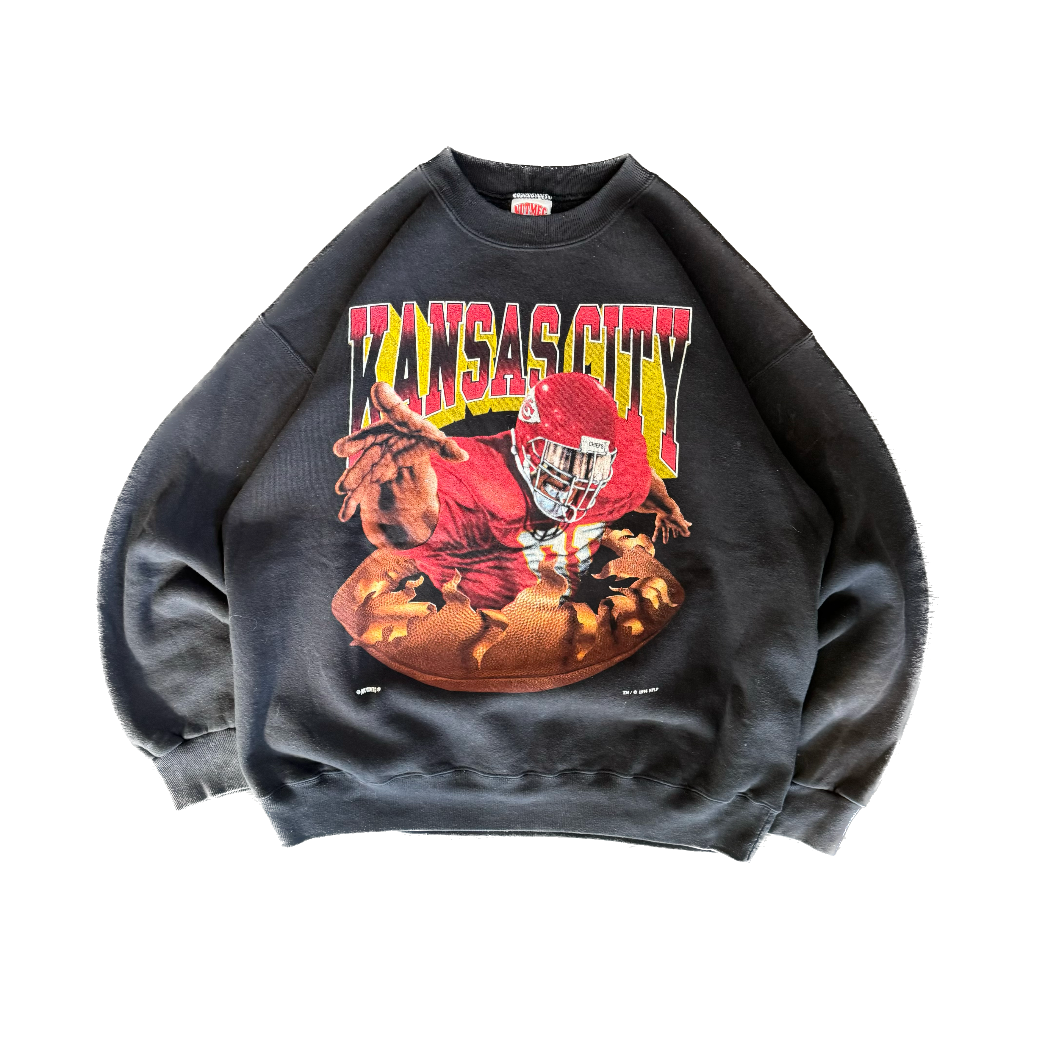 WESTSIDE STOREY VINTAGE | VINTAGE 90'S KC CHIEFS NUTMEG DOUBLE SIDED SWEATSHIRT - BLACK - Westside Storey