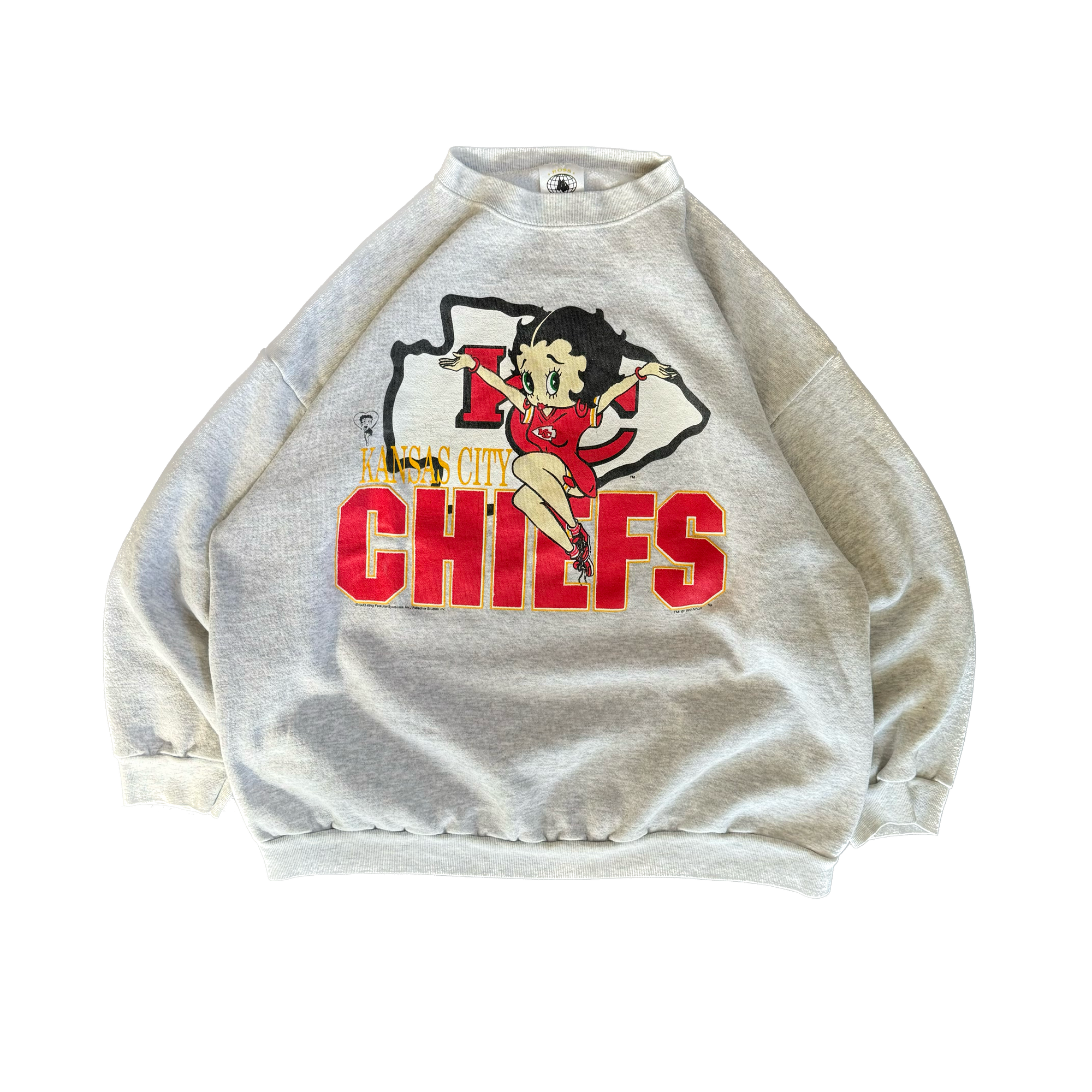 WESTSIDE STOREY VINTAGE | VINTAGE 90'S KC CHIEFS BETTY BOOP SWEATSHIRT - GRAY *LIGHT MARK NEAR NECK COLLAR - Westside Storey