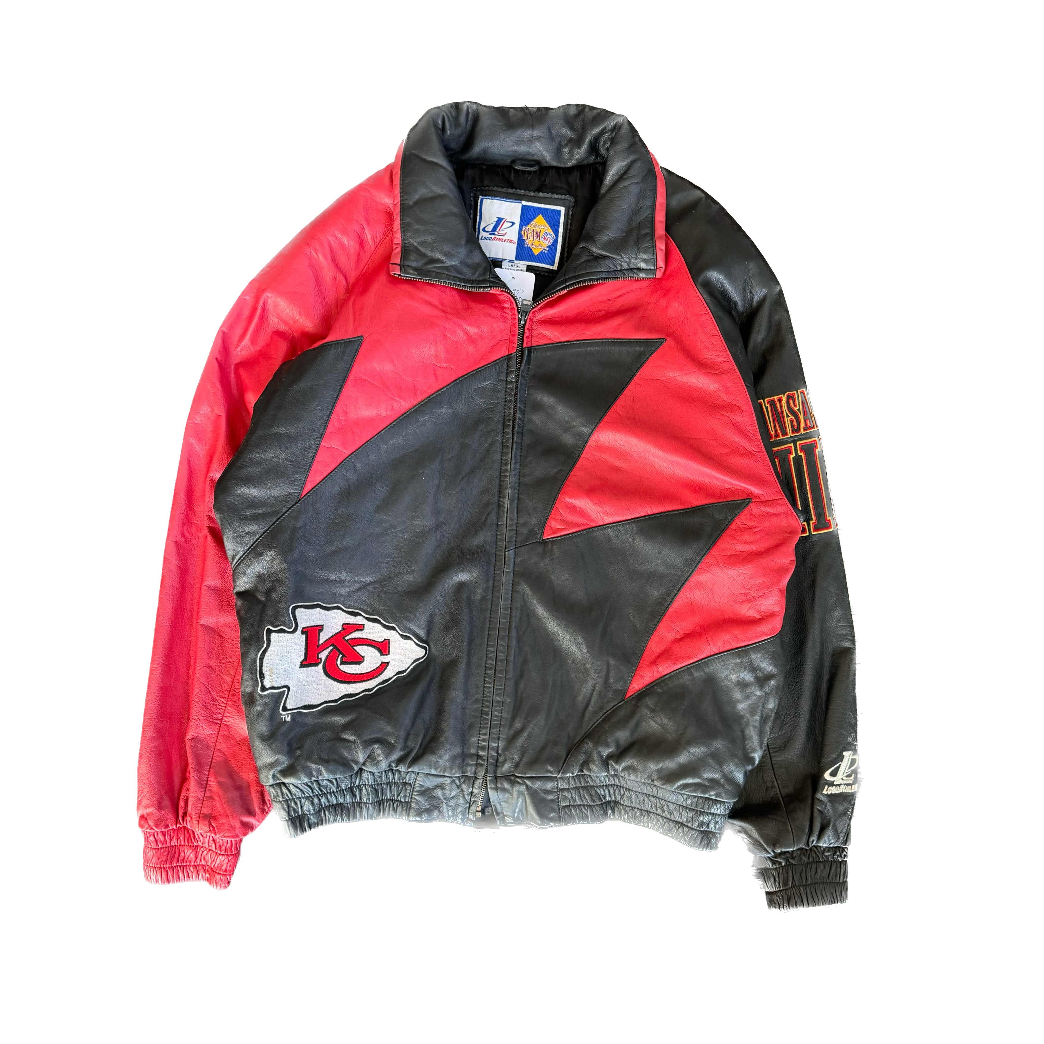WESTSIDE STOREY VINTAGE | VINTAGE 90'S KC CHIEFS LOGO ATHLETIC LEATHER SHARK TOOTH JACKET - BLACK - Westside Storey