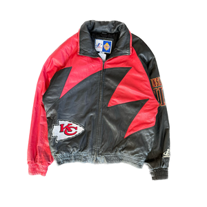 WESTSIDE STOREY VINTAGE | VINTAGE 90'S KC CHIEFS LOGO ATHLETIC LEATHER SHARK TOOTH JACKET - BLACK - Westside Storey