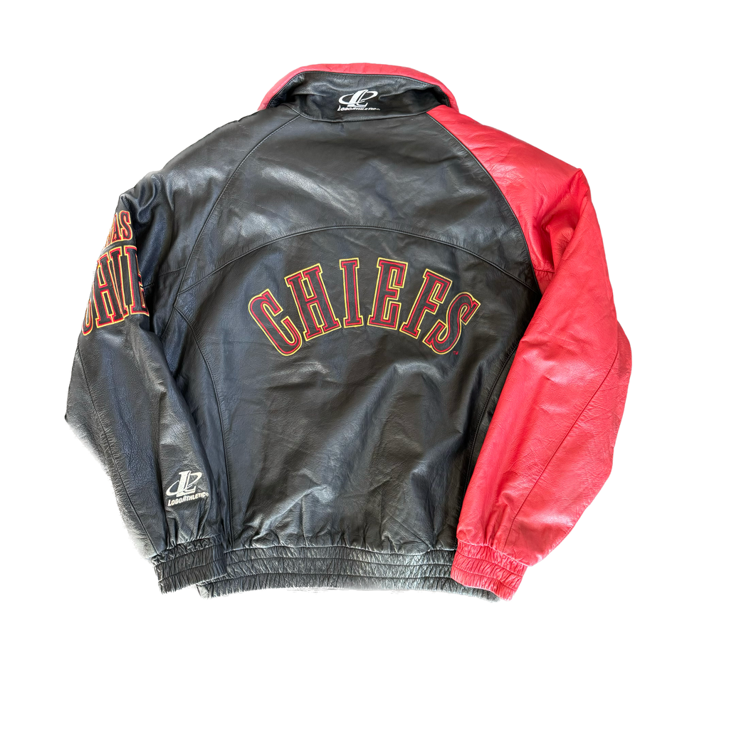 WESTSIDE STOREY VINTAGE | VINTAGE 90'S KC CHIEFS LOGO ATHLETIC LEATHER SHARK TOOTH JACKET - BLACK - Westside Storey