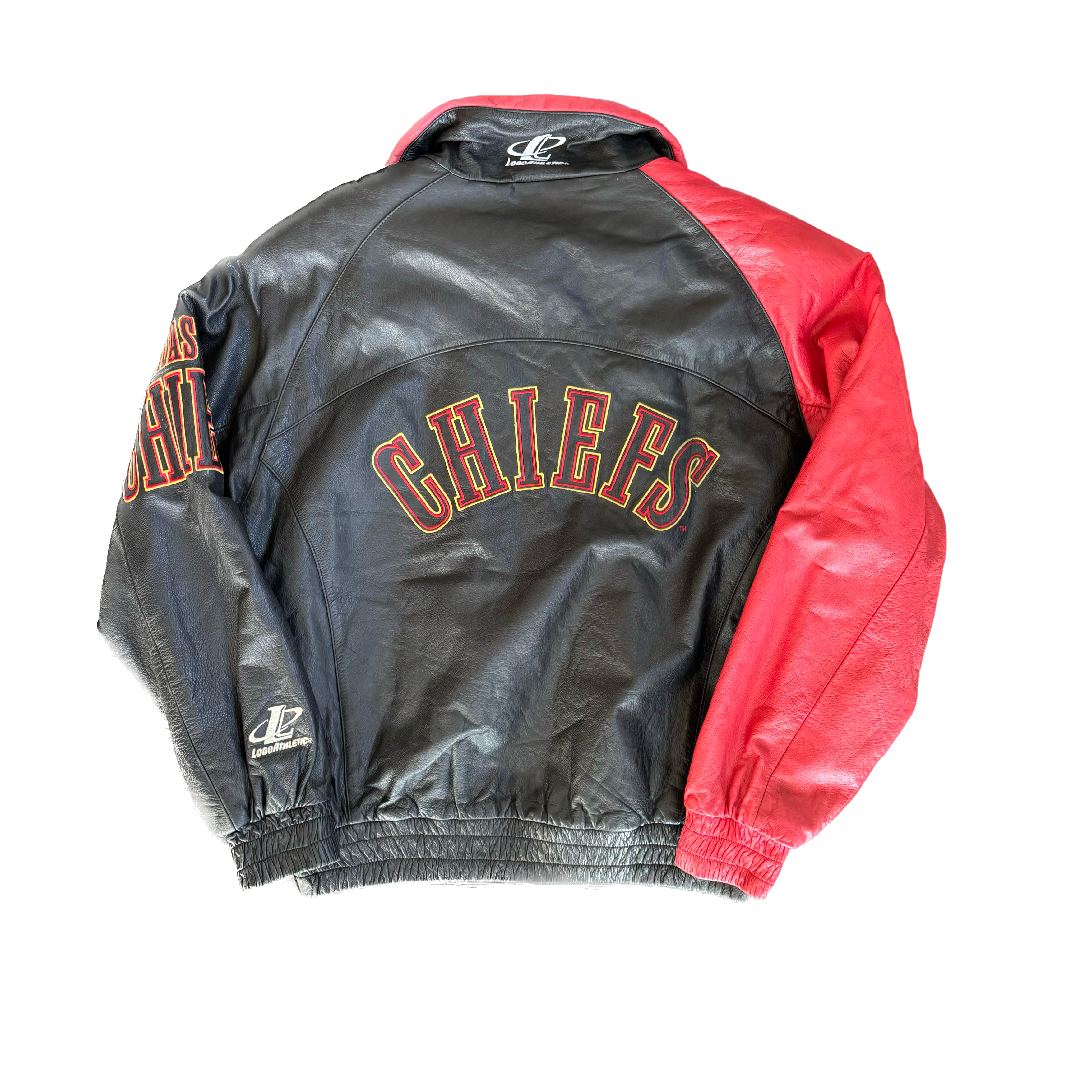 WESTSIDE STOREY VINTAGE | VINTAGE 90'S KC CHIEFS LOGO ATHLETIC LEATHER SHARK TOOTH JACKET - BLACK - Westside Storey