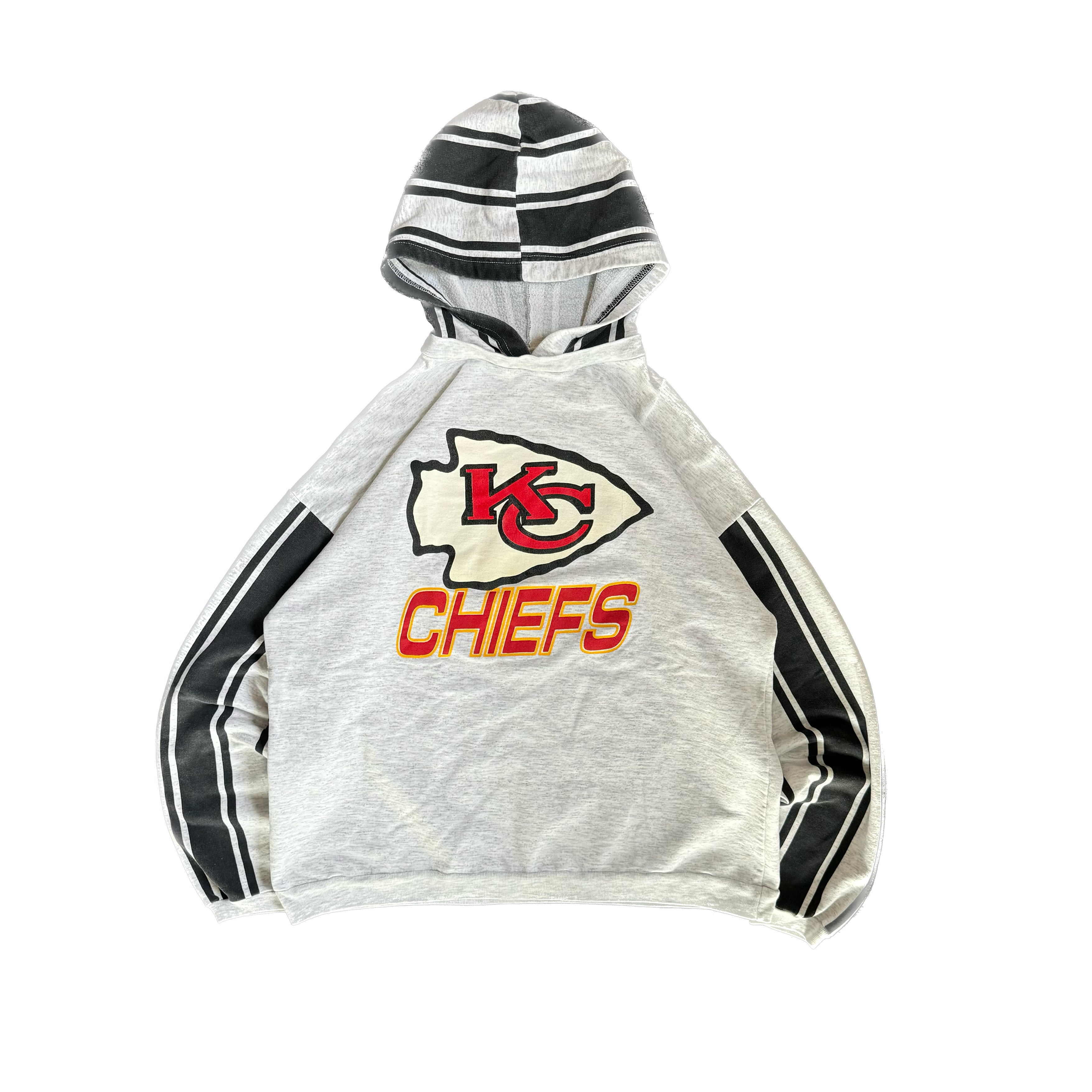 WESTSIDE STOREY VINTAGE | VINTAGE 90'S KC CHIEFS CLIFF ENGLE STRIPED HOODED SWEATSHIRT - GRAY - Westside Storey