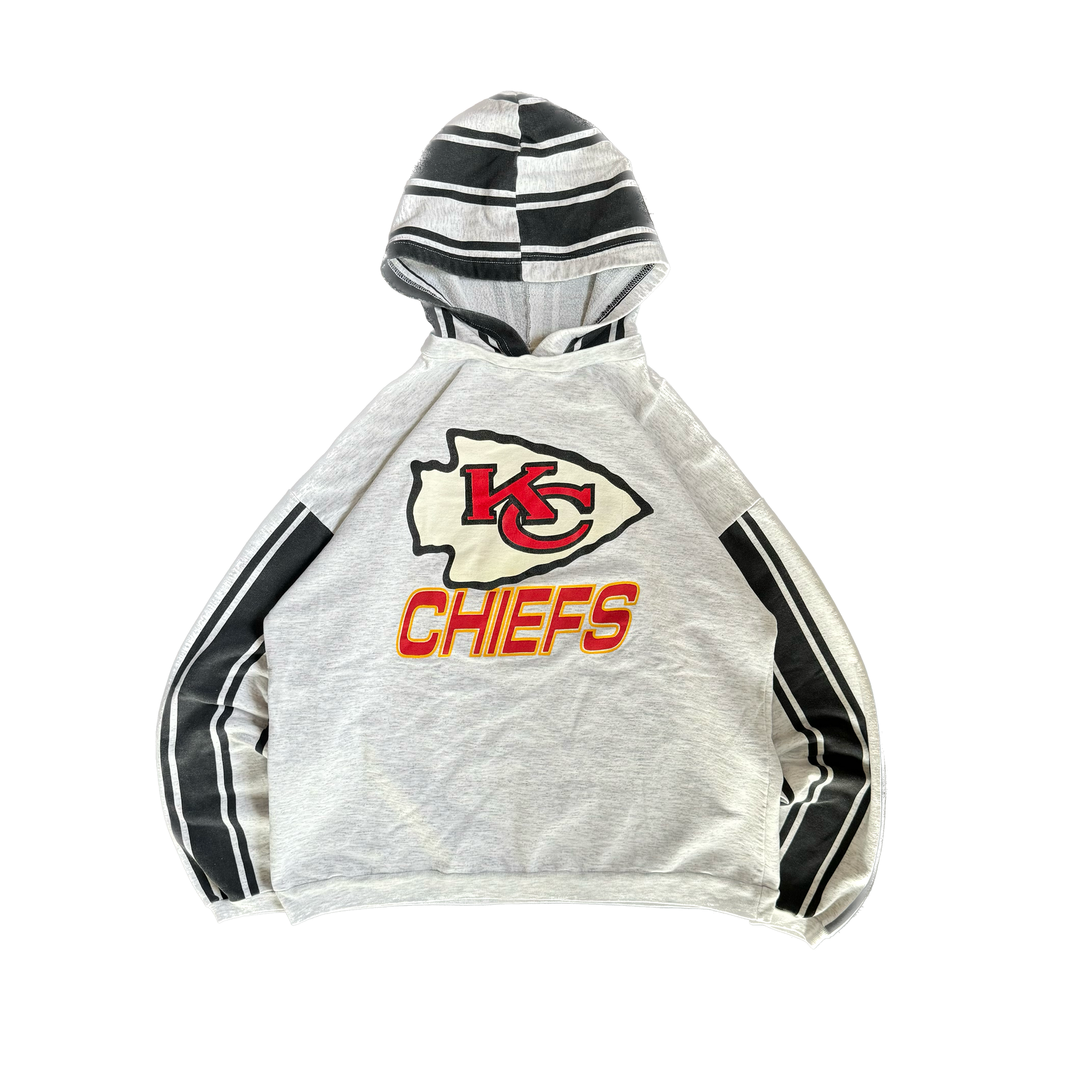WESTSIDE STOREY VINTAGE | VINTAGE 90'S KC CHIEFS CLIFF ENGLE STRIPED HOODED SWEATSHIRT - GRAY - Westside Storey