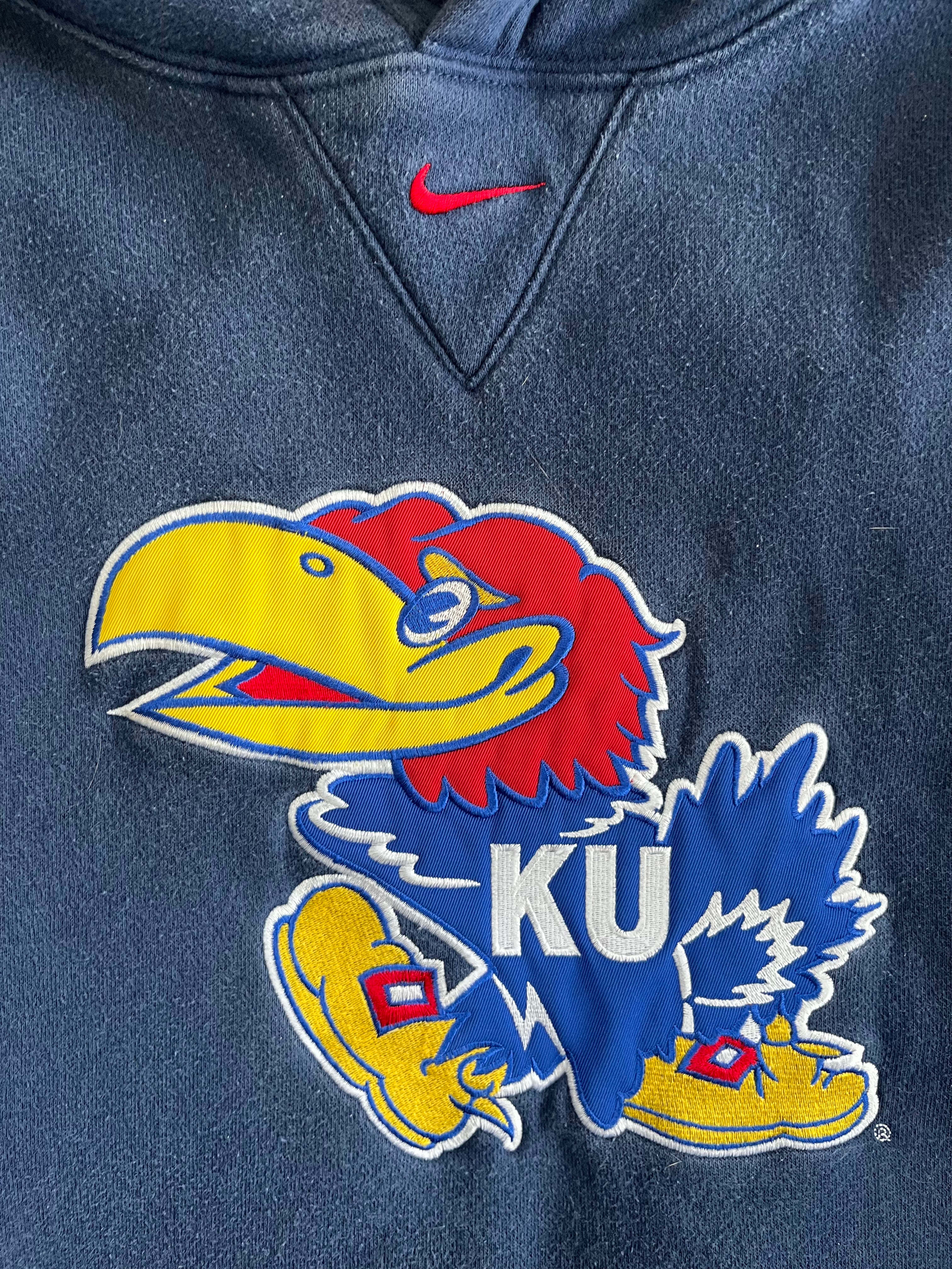 WESTSIDE STOREY VINTAGE | VINTAGE 90S KANSAS JAYHAWKS NIKE MIDDLE SWOOSH KU HOODIE - NAVY BLUE - Westside Storey