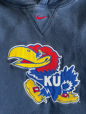 WESTSIDE STOREY VINTAGE | VINTAGE 90S KANSAS JAYHAWKS NIKE MIDDLE SWOOSH KU HOODIE - NAVY BLUE - Westside Storey