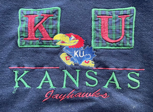 WESTSIDE STOREY VINTAGE | VINTAGE 90S RUSSELL PLAID KU JAYHAWKS EMBROIDERED SWEATSHIRT- NAVY BLUE - Westside Storey