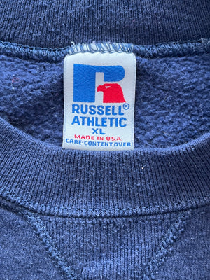 WESTSIDE STOREY VINTAGE | VINTAGE 90S RUSSELL PLAID KU JAYHAWKS EMBROIDERED SWEATSHIRT- NAVY BLUE - Westside Storey