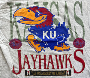 WESTSIDE STOREY VINTAGE | VINTAGE 90S KANSAS JAYHAWKS KU ALL OVER PRINT T-SHIRT- GREY - Westside Storey