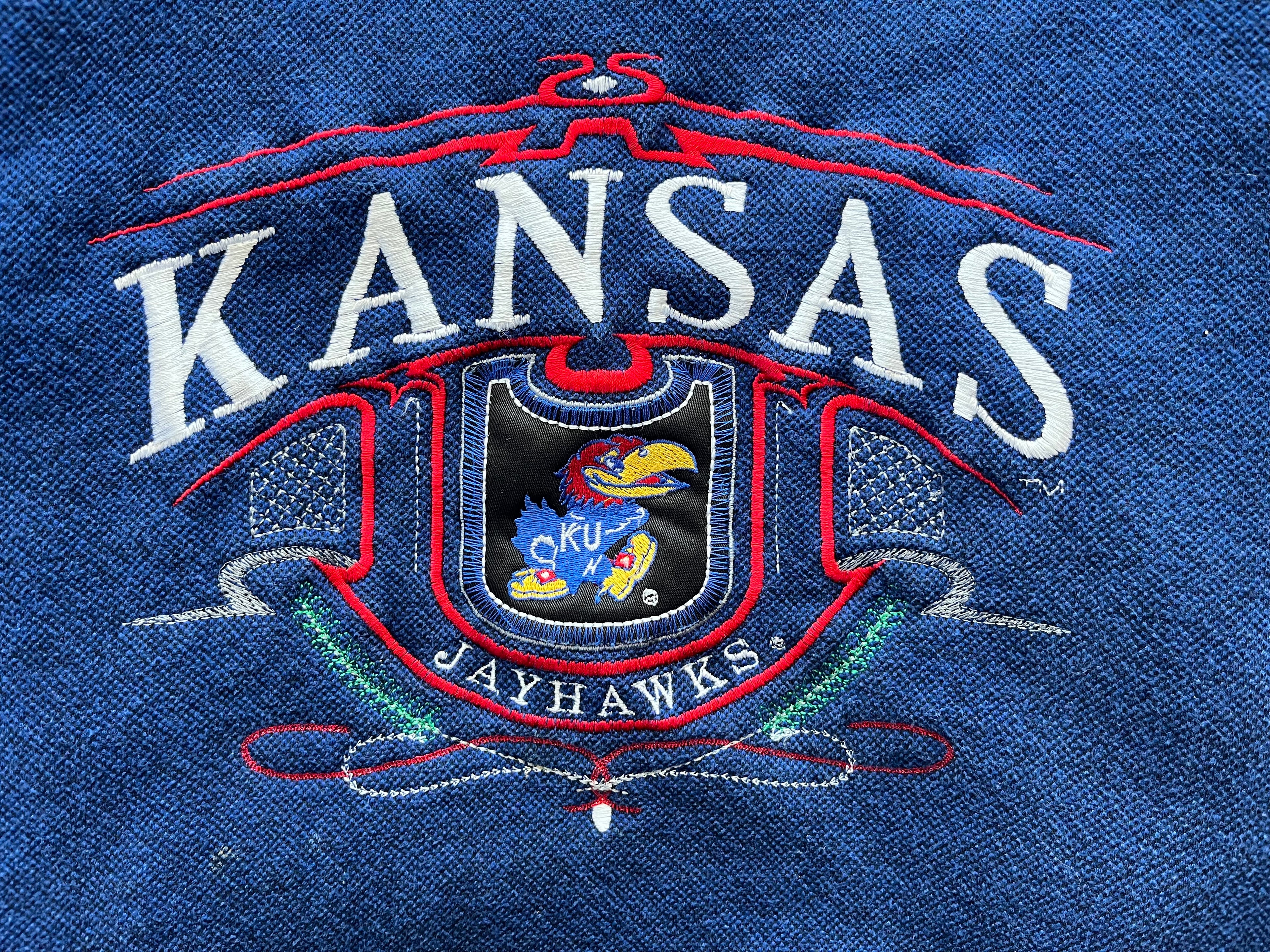 WESTSIDE STOREY VINTAGE | VINTAGE 90S KANSAS JAYHAWKS SPECKLE EMBROIDERED KU SWEATSHIRT- BLUE - Westside Storey