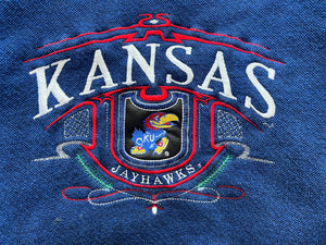 WESTSIDE STOREY VINTAGE | VINTAGE 90S KANSAS JAYHAWKS SPECKLE EMBROIDERED KU SWEATSHIRT- BLUE - Westside Storey