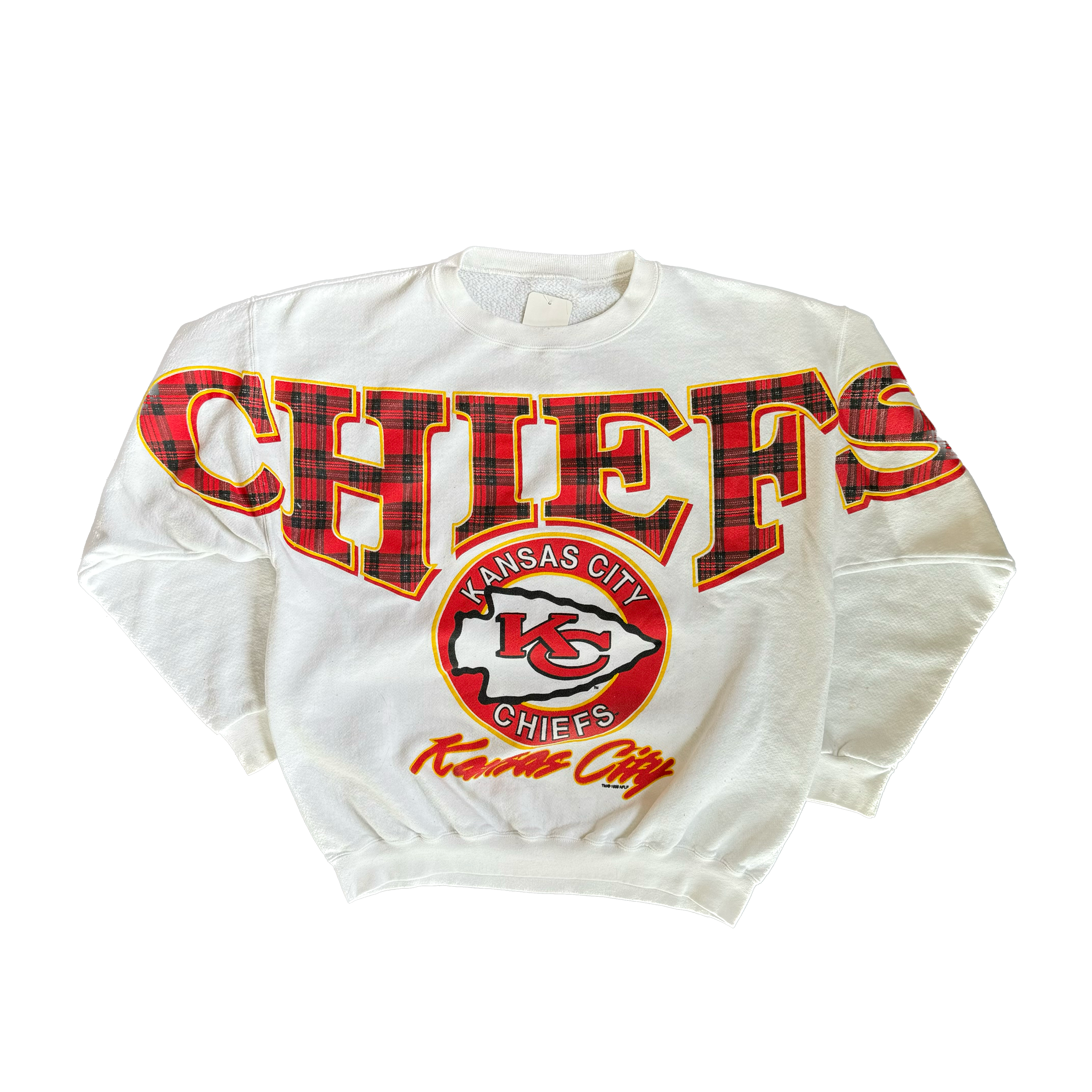 WESTSIDE STOREY VINTAGE | VINTAGE 90'S KC CHIEFS CLIFF ENGLE SPELLOUT SWEATHSIRT - WHITE - Westside Storey