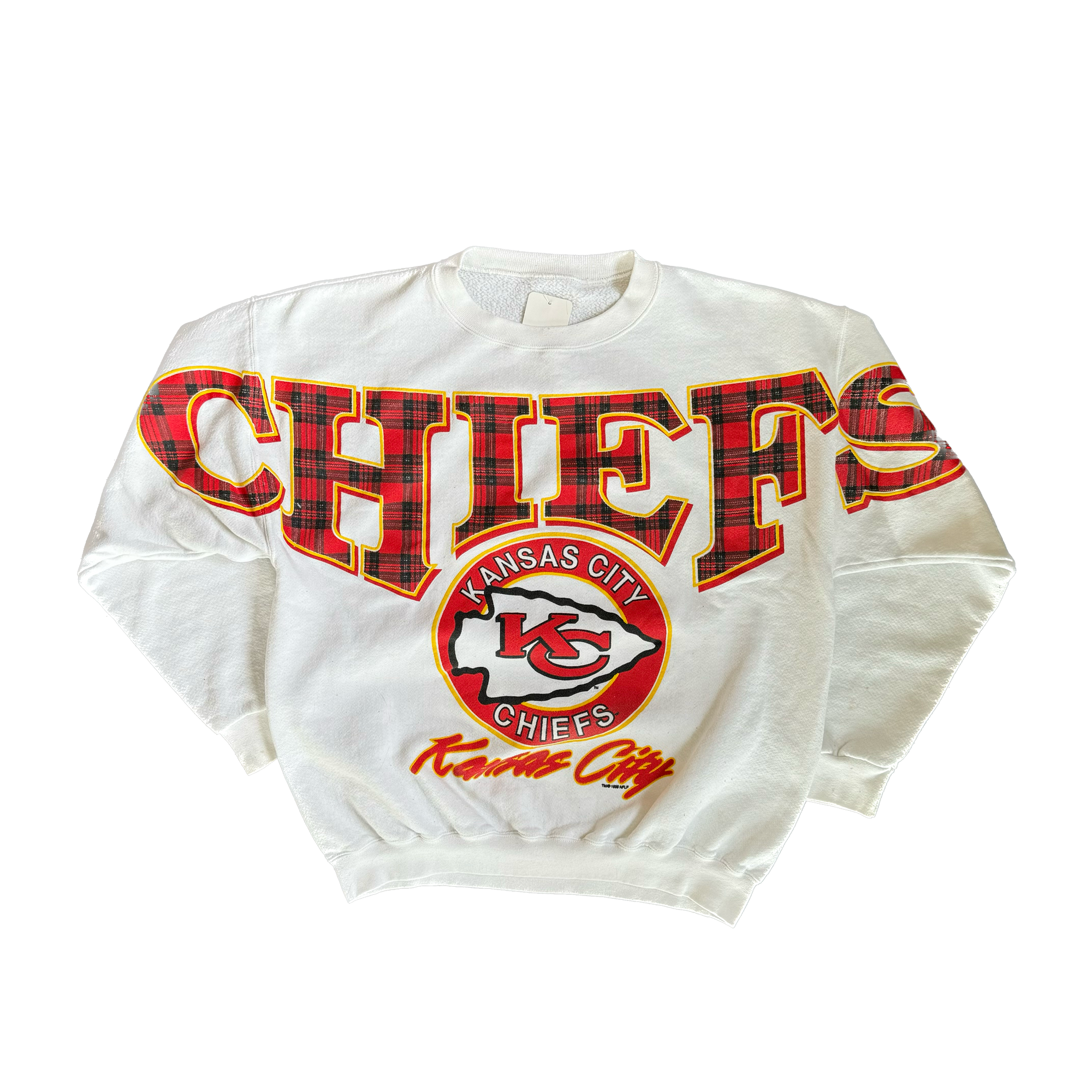 WESTSIDE STOREY VINTAGE | VINTAGE 90'S KC CHIEFS CLIFF ENGLE SPELLOUT SWEATHSIRT - WHITE - Westside Storey