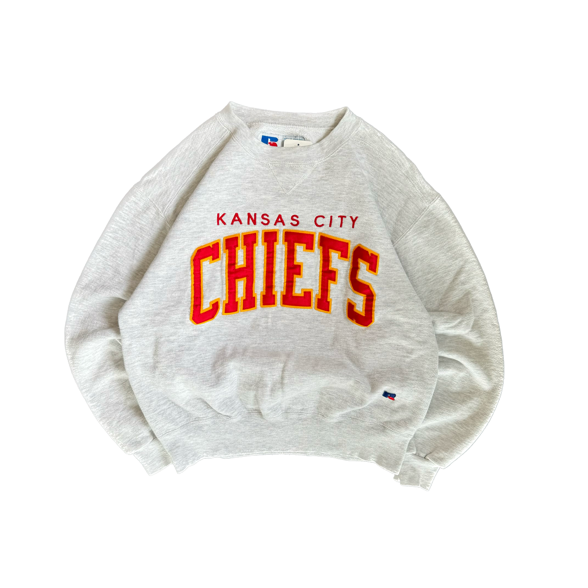 WESTSIDE STOREY VINTAGE | VINTAGE 90'S KC CHIEFS RUSSELL PATCH SWEATSHIRT PETITE - GRAY