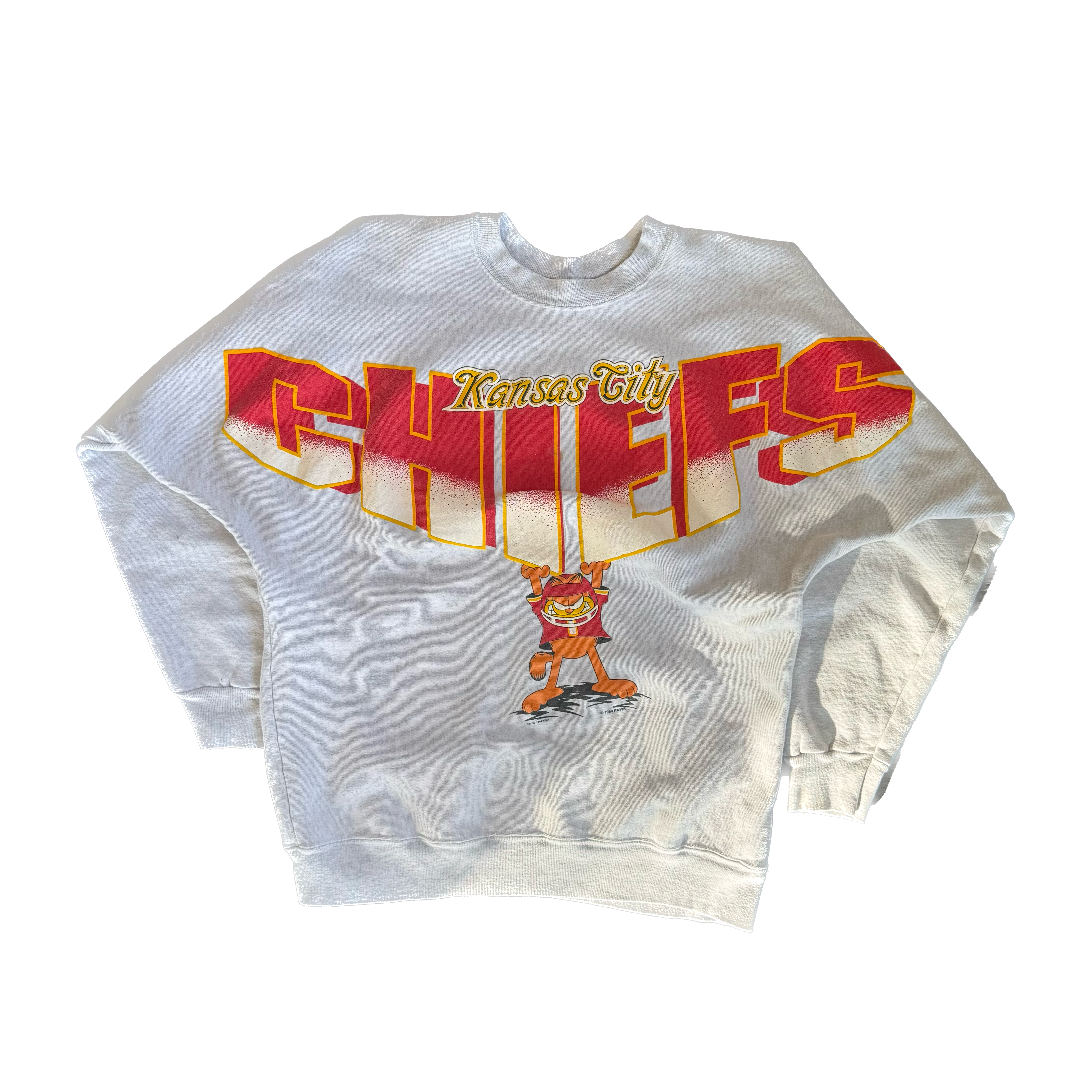 WESTSIDE STOREY VINTAGE | VINTAGE 90'S KC CHIEFS GARFIELD SPELLOUT SWEATSHIRT - GRAY - Westside Storey