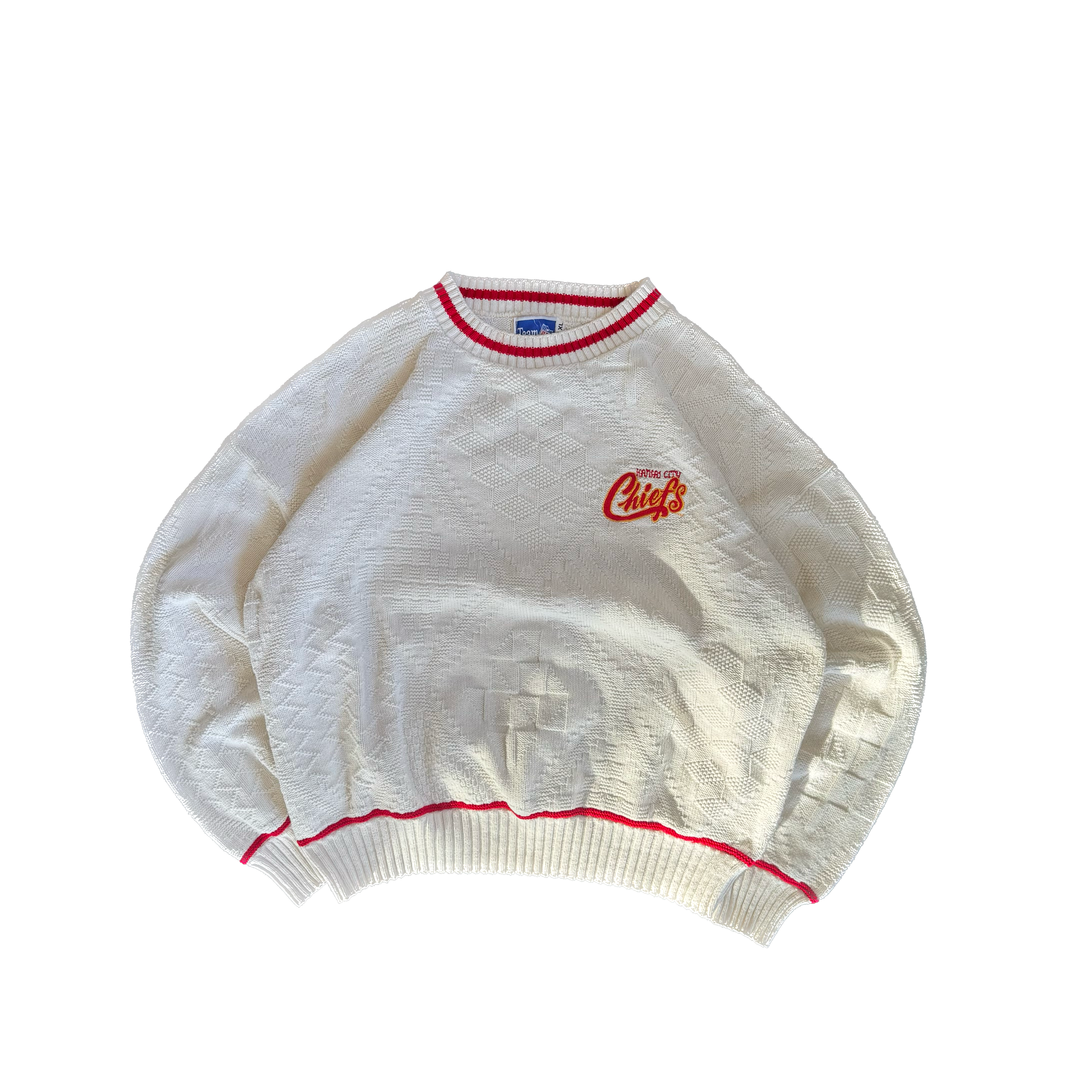 WESTSIDE STOREY VINTAGE | VINTAGE 90'S KC CHIEFS NUTMEG CABLE KNIT SWEATER - WHITE - Westside Storey