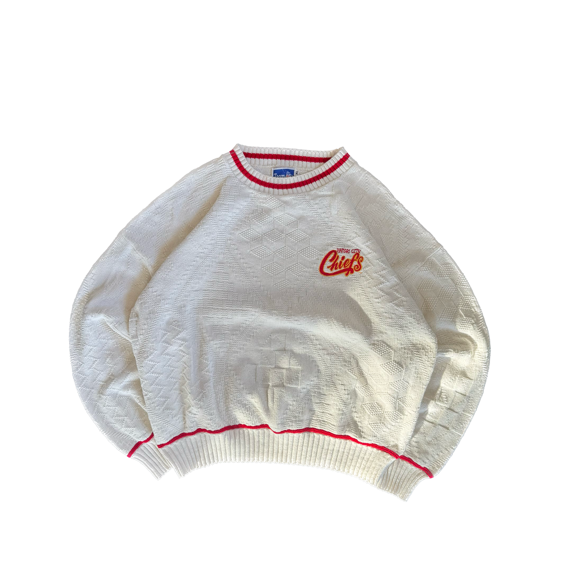 WESTSIDE STOREY VINTAGE | VINTAGE 90'S KC CHIEFS NUTMEG CABLE KNIT SWEATER - WHITE