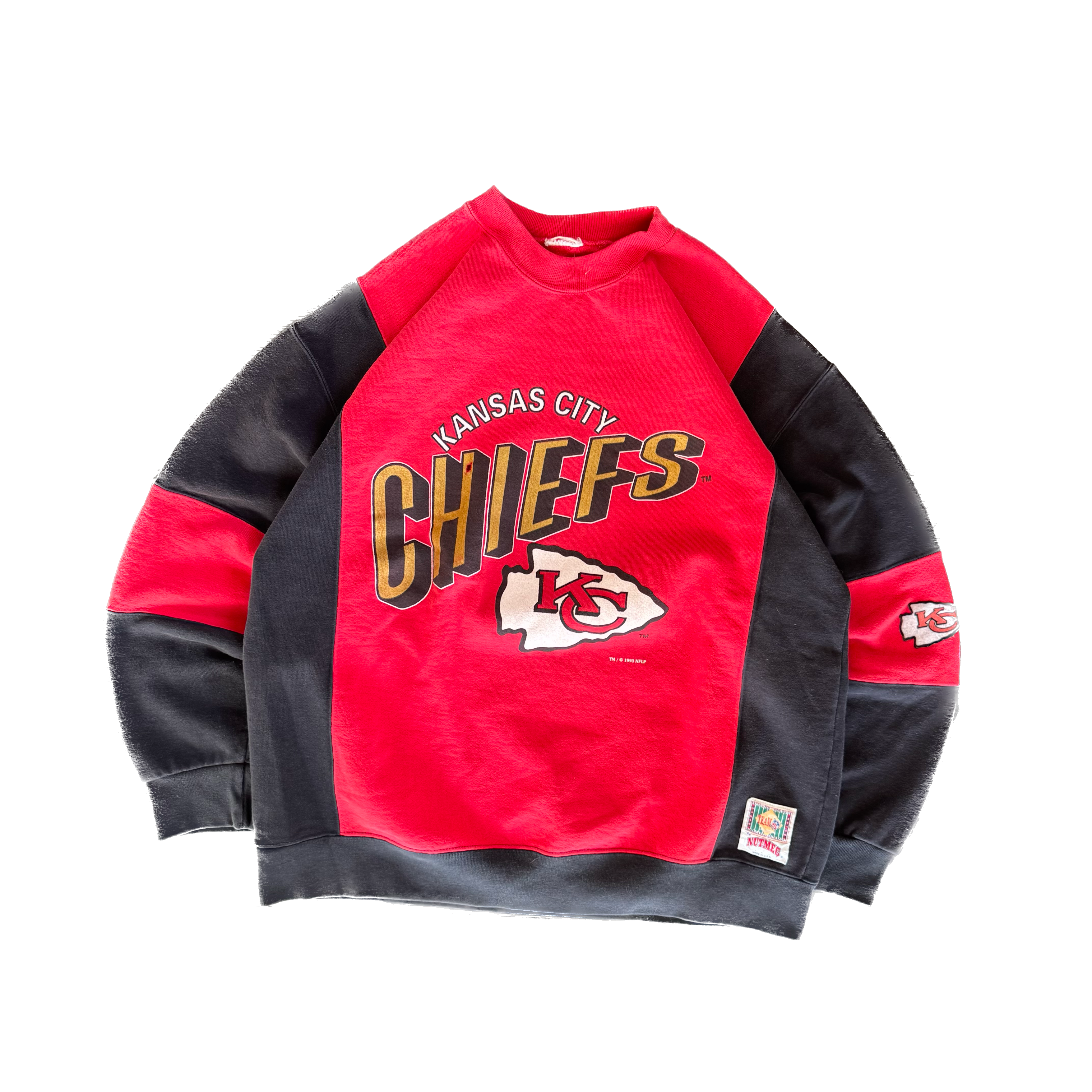WESTSIDE STOREY VINTAGE | VINTAGE 90'S KC CHIEFS NUTMEG COLOR BLOCK SWEATSHIRT *LITTLE HOLE - RED - Westside Storey