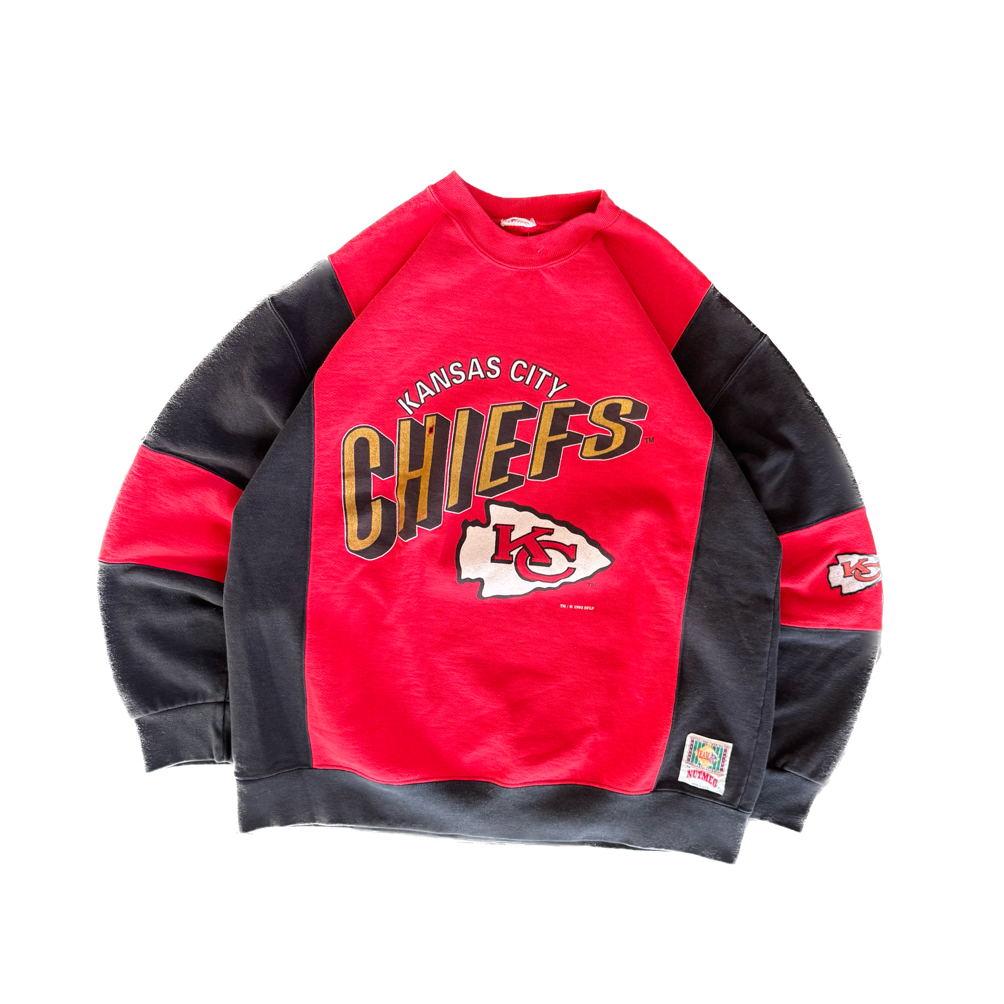 WESTSIDE STOREY VINTAGE | VINTAGE 90'S KC CHIEFS NUTMEG COLOR BLOCK SWEATSHIRT *LITTLE HOLE - RED - Westside Storey