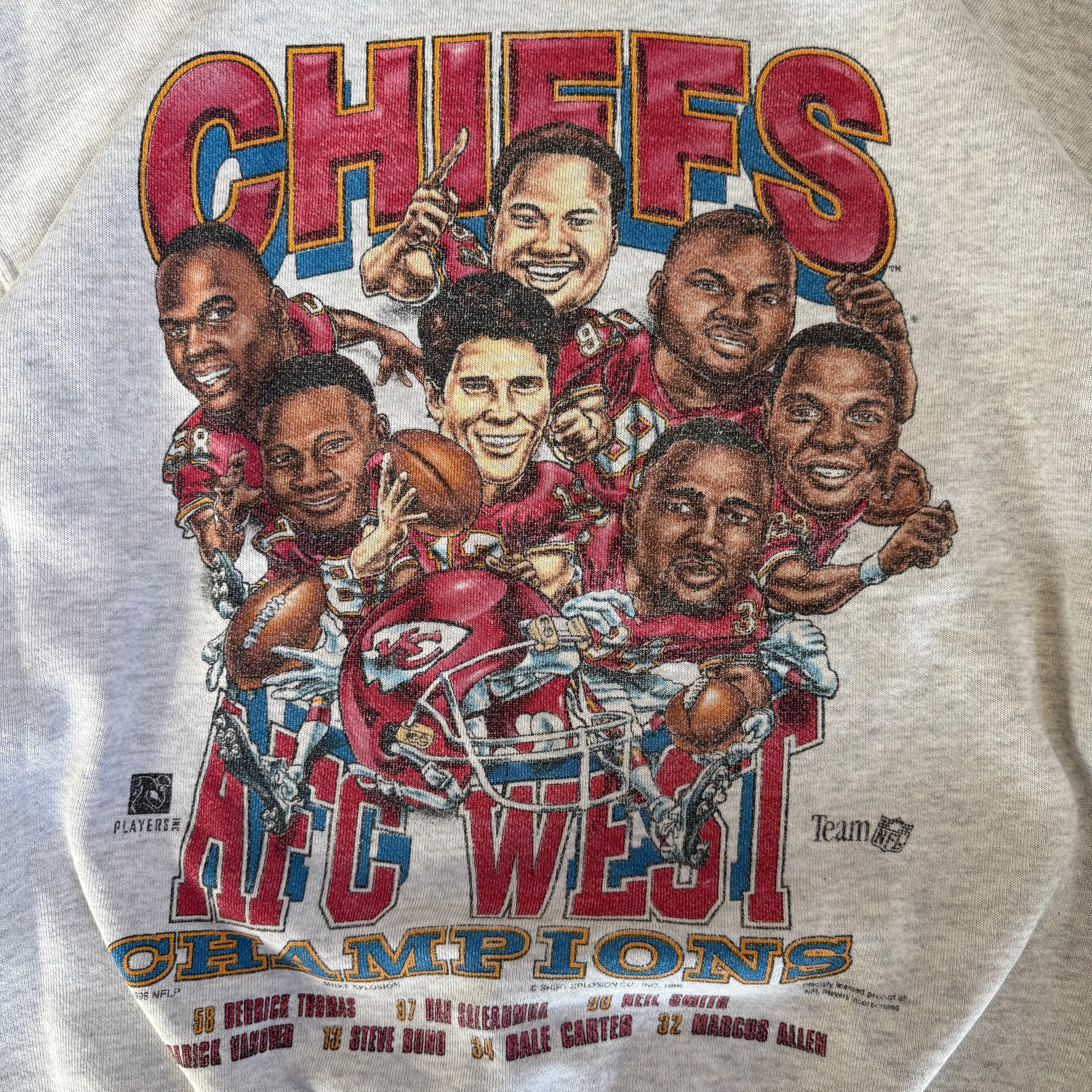 WESTSIDE STOREY VINTAGE | VINTAGE 90'S KC CHIEFS AFC WEST CHAMPS CARICATURE SWEATSHIRT - GRAY - Westside Storey