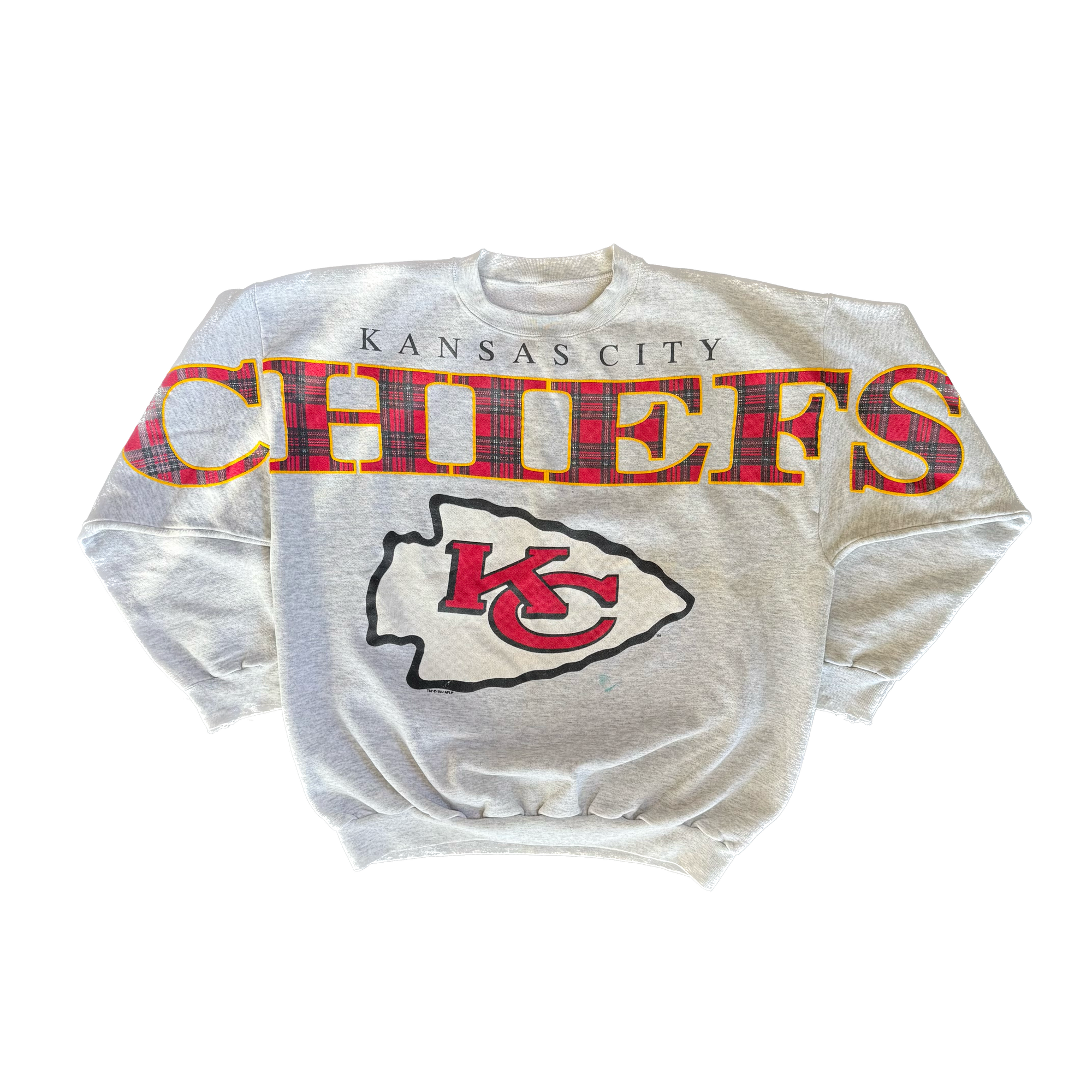 WESTSIDE STOREY VINTAGE | VINTAGE 90'S KC CHIEFS CLIFF ENGLE SPELLOUT SWEATSHIRT *LIGHT MARKS - GRAY - Westside Storey