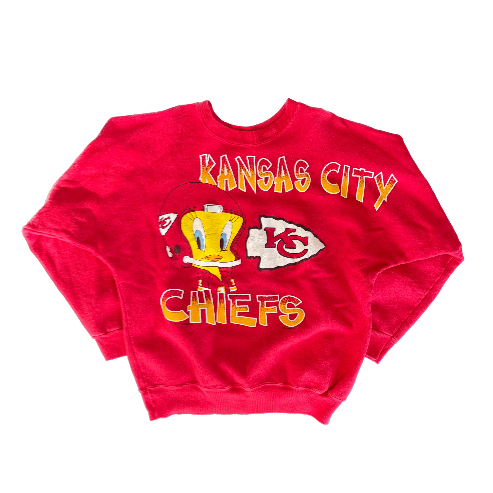 WESTSIDE STOREY VINTAGE | VINTAGE 90'S KC CHIEFS OVERSIZED TWEETYBIRD SPELLOUT SWEATSHIRT - RED - Westside Storey