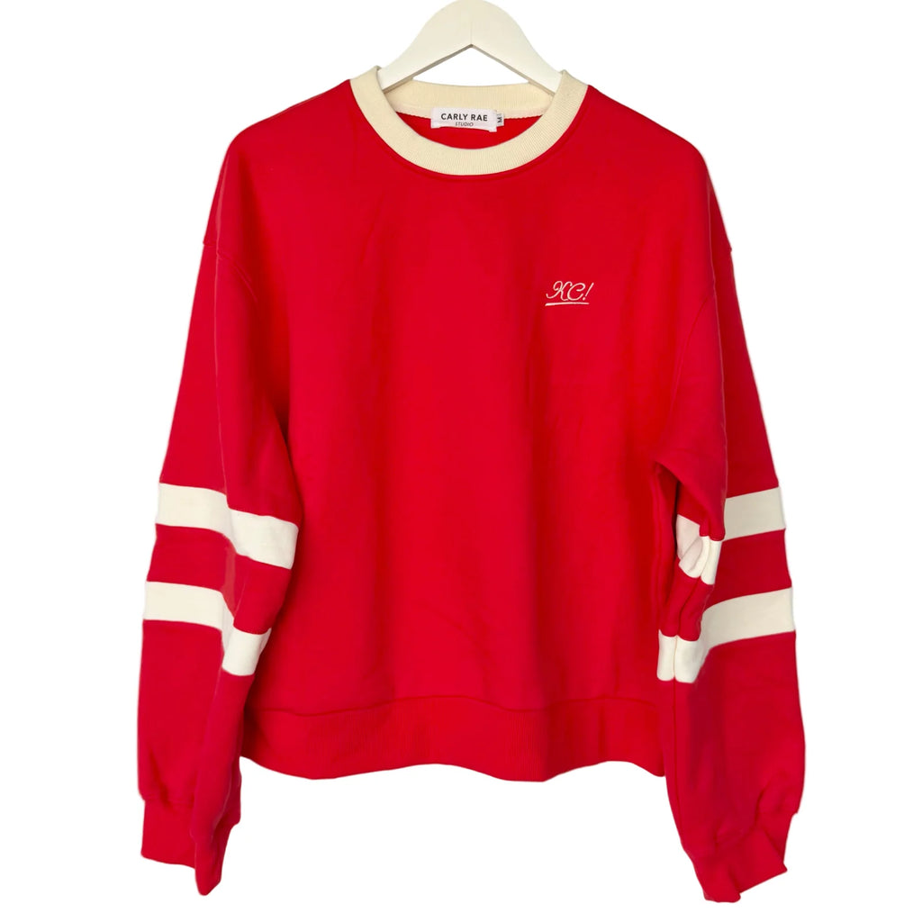 CARLY RAE STUDIOS | KC! EMBROIDERED VARSITY CROP SWEATSHIRT - Red/Cream Westside Storey