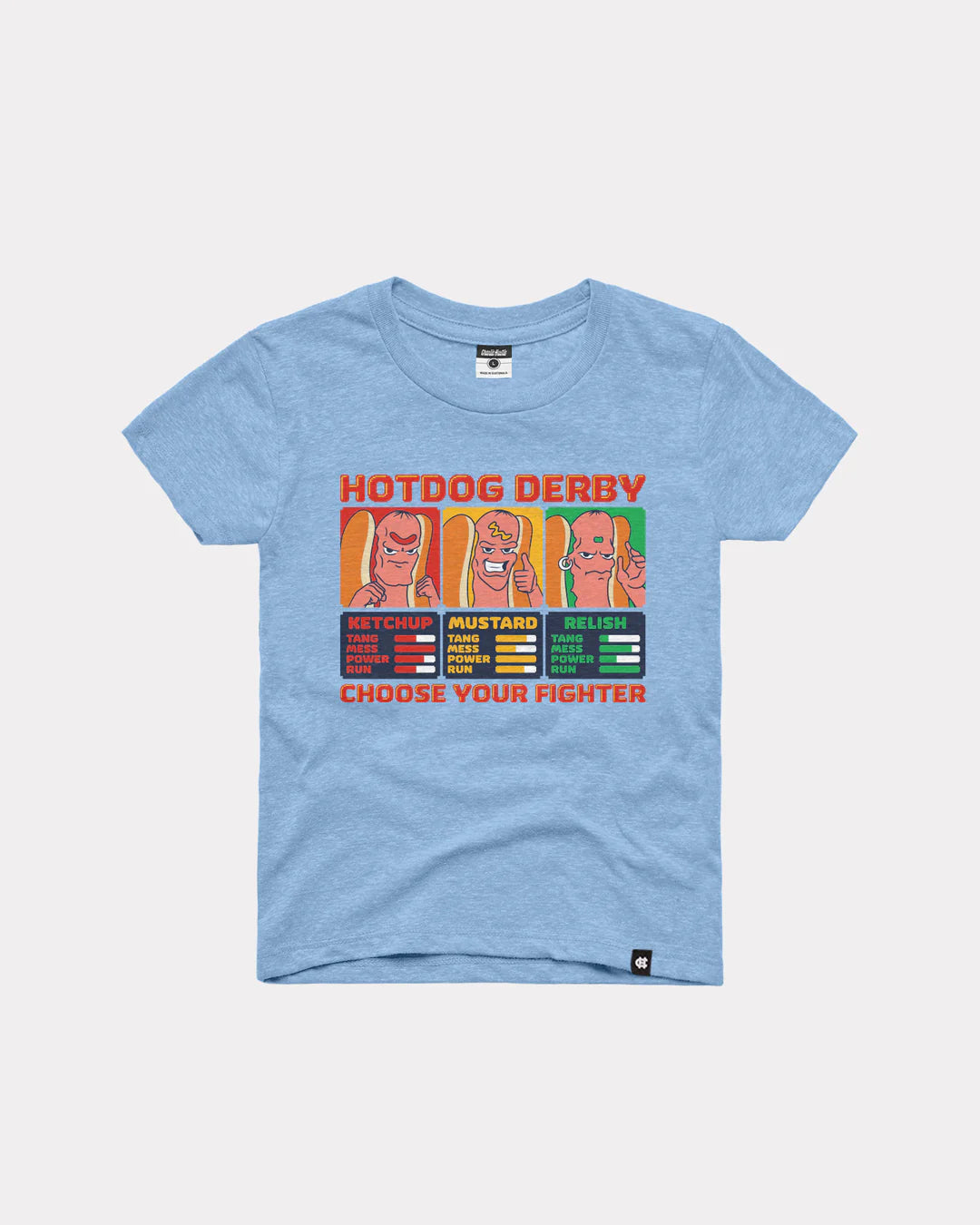 CHARLIE HUSTLE | CHOOSE YOUR FIGHTER HOT DOG DERBY TEE - LIGHT BLUE Charlie Hustle