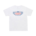 White t-shirt with colorful graphic design on a white background