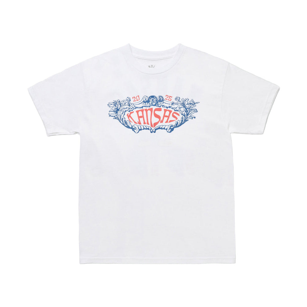 White t-shirt with colorful graphic design on a white background