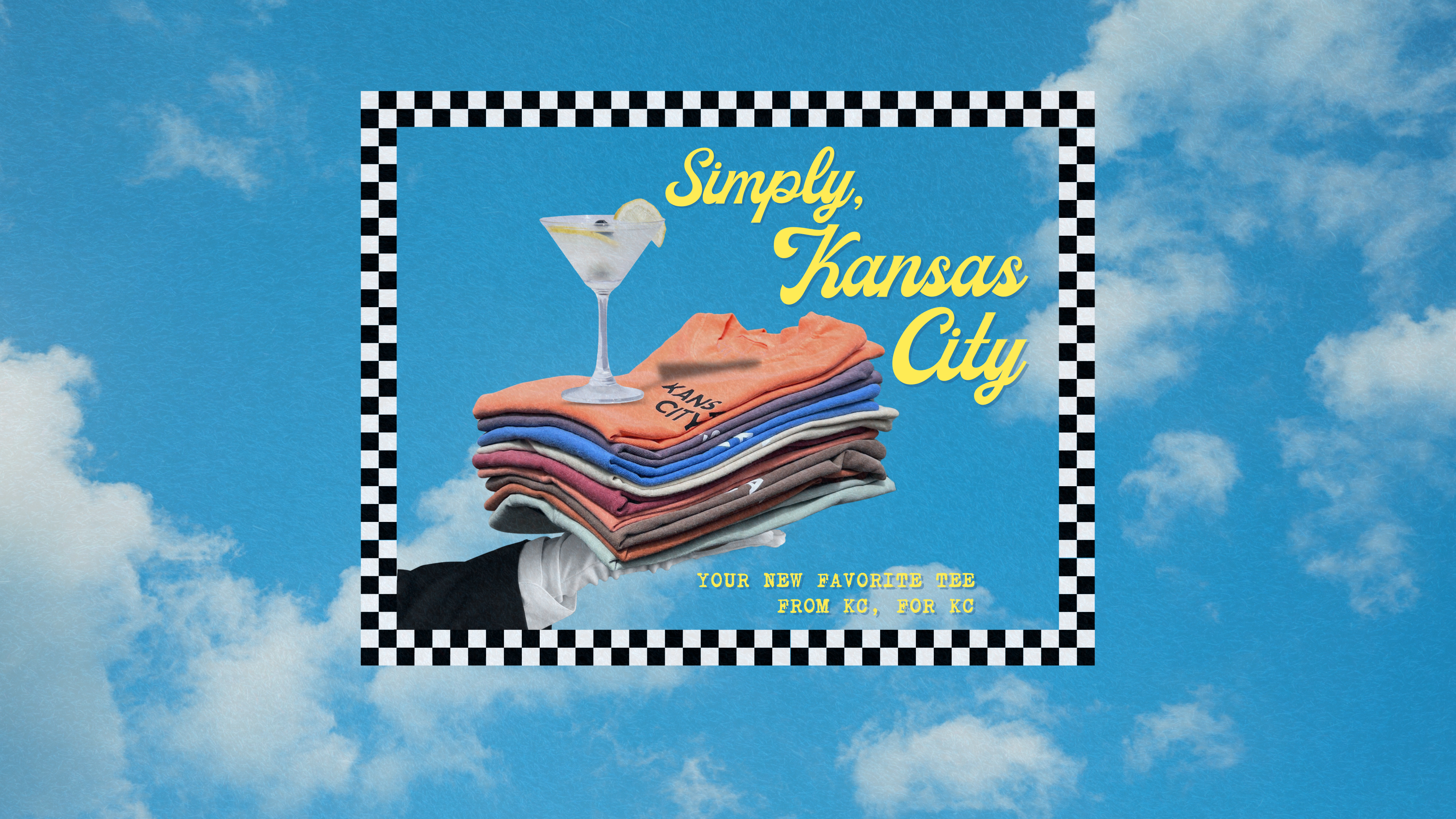 Promotional graphic for 'Simply Kansas City' with a stack of towels and a cocktail against a blue sky.