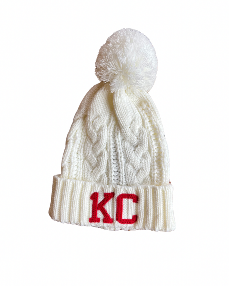 1KC | CHUNK POM BEANIE - WHITE/RED