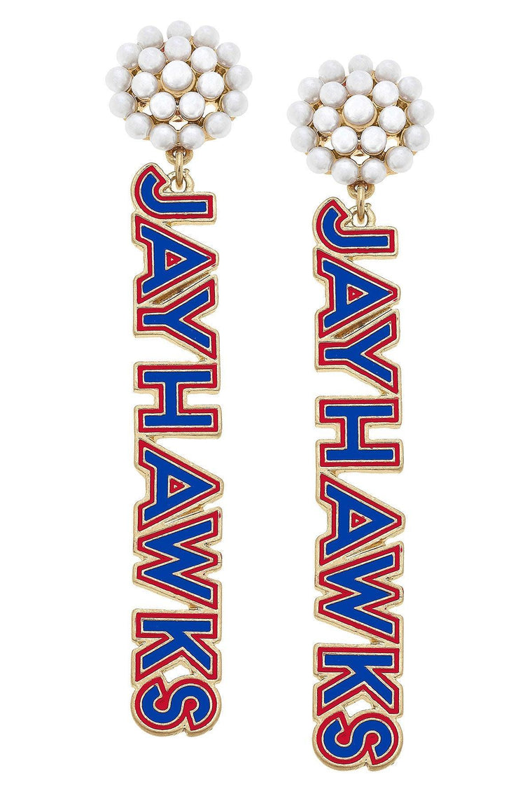 CANVAS STYLE | KANSAS JAYHAWKS PEARL CLUSTER OUTLINE ENAMEL EARRINGS