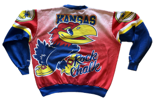 WESTSIDE STOREY VINTAGE | VINTAGE 90S KANSAS JAYHAWKS ALLOVER PRINT FRONT + BACK SWEATSHIRT - Westside Storey