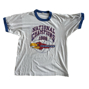 WESTSIDE STOREY VINTAGE | VINTAGE RARE KANSAS JAYHAWKS 1988 NATIONAL CHAMPS- FAT LADY SINGS RINGER TEE - Westside Storey