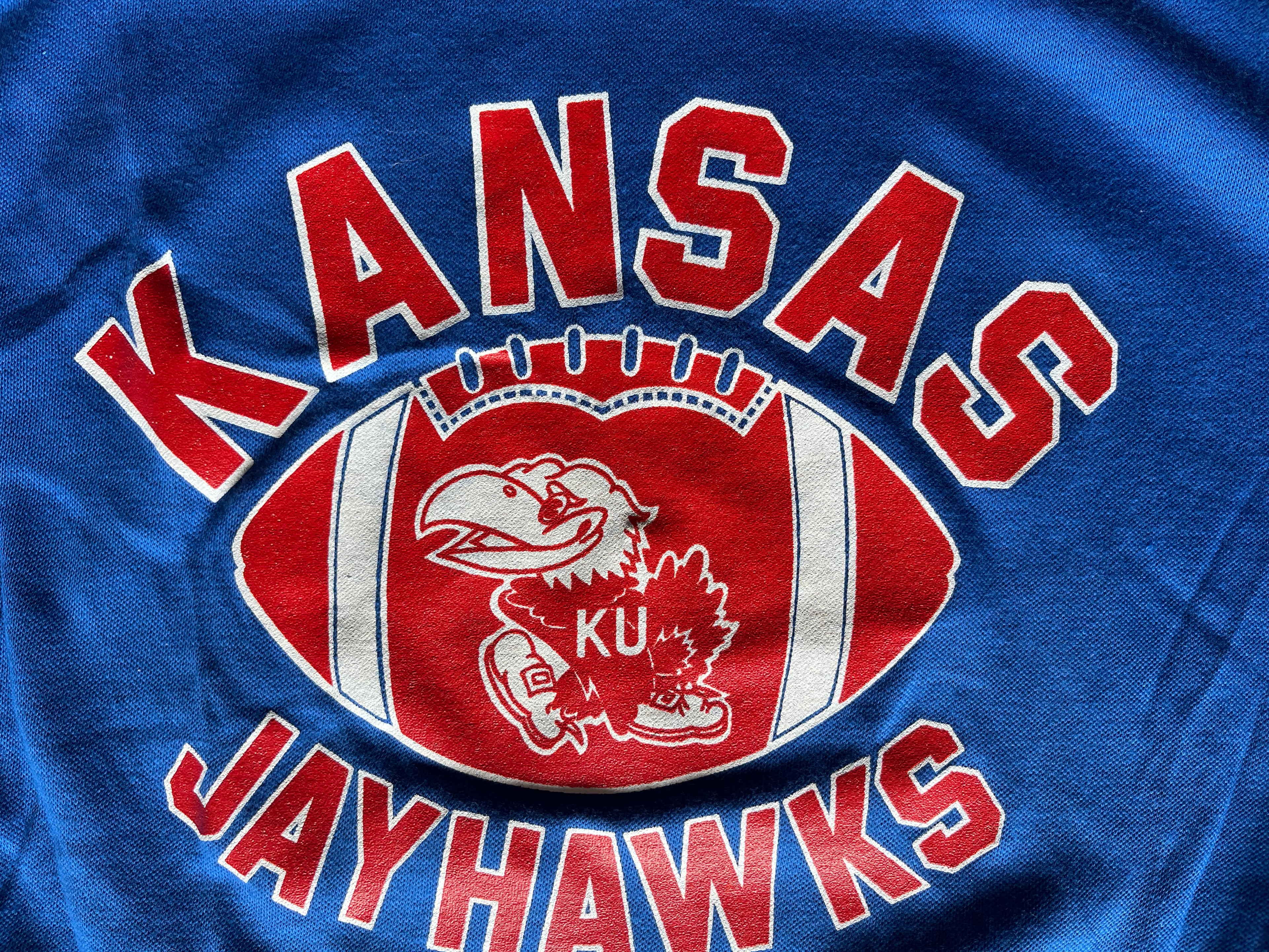 WESTSIDE STOREY VINTAGE | VINTAGE 80S KU JAYHAWKS FOOTBALL JERSEY SHIRT - Westside Storey