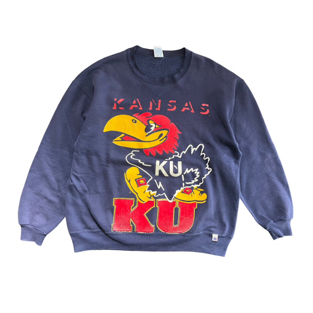 WESTSIDE STOREY VINTAGE | VINTAGE 90S KU JAYHAWKS RUSSELL LARGE PRINT SWEATSHIRT - Westside Storey