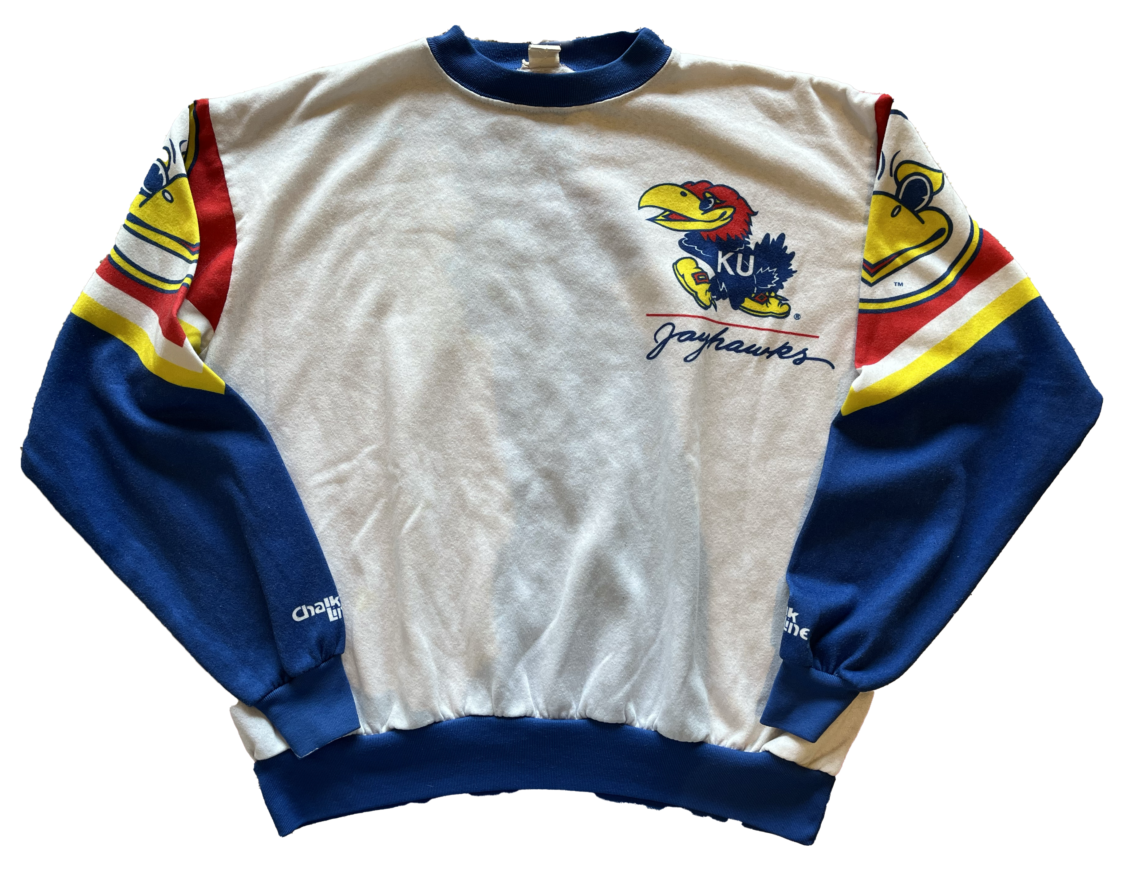 WESTSIDE STOREY VINTAGE | VINTAGE 90S KANSAS JAYHAWKS ALLOVER PRINT FRONT + BACK SWEATSHIRT - Westside Storey
