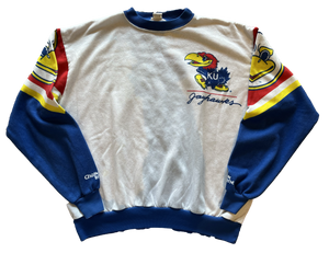 WESTSIDE STOREY VINTAGE | VINTAGE 90S KANSAS JAYHAWKS ALLOVER PRINT FRONT + BACK SWEATSHIRT - Westside Storey