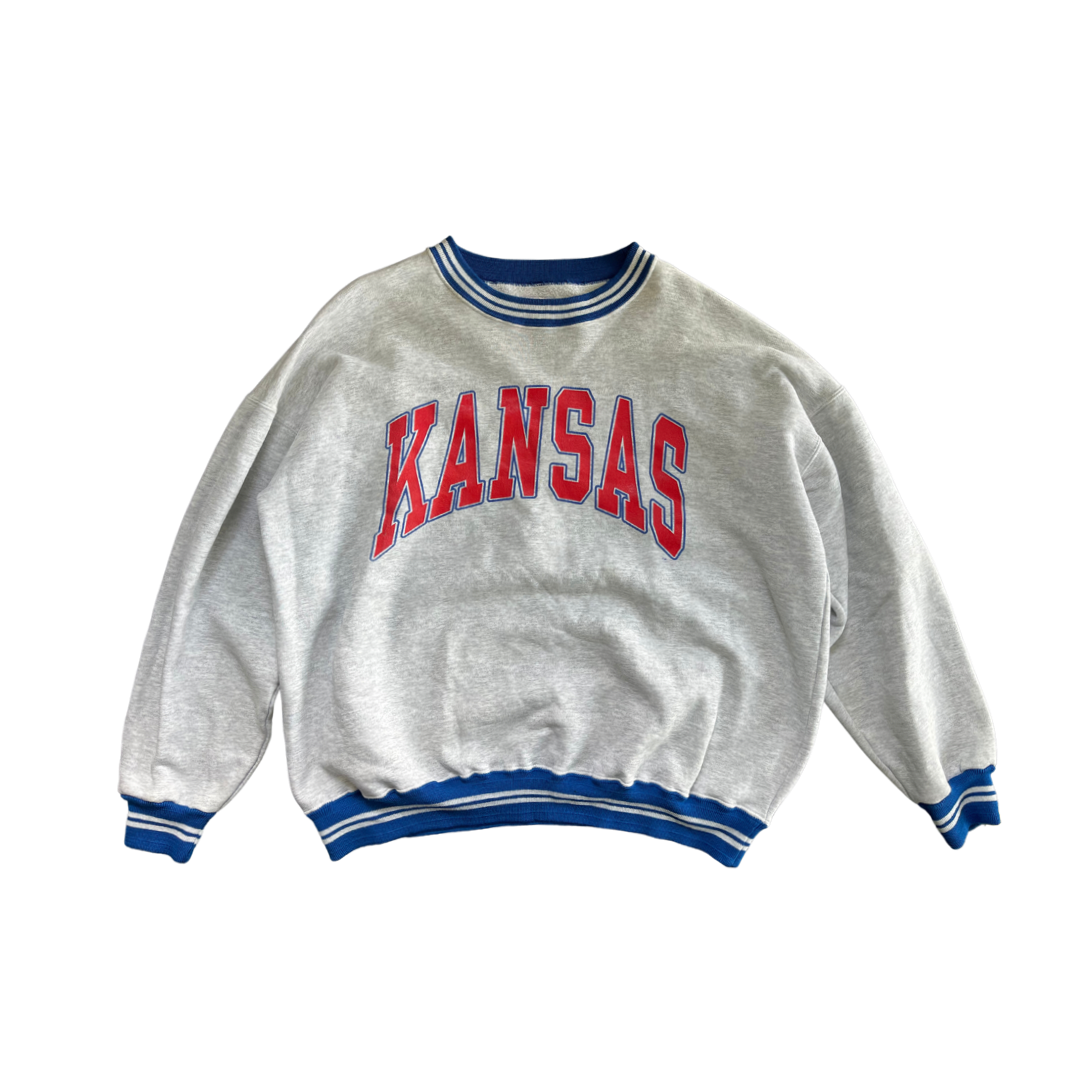 WESTSIDE STOREY VINTAGE | VINTAGE 80S KU JAYHAWKS RIBBED COLLAR CLASSIC GRAY SWEATSHIRT - Westside Storey